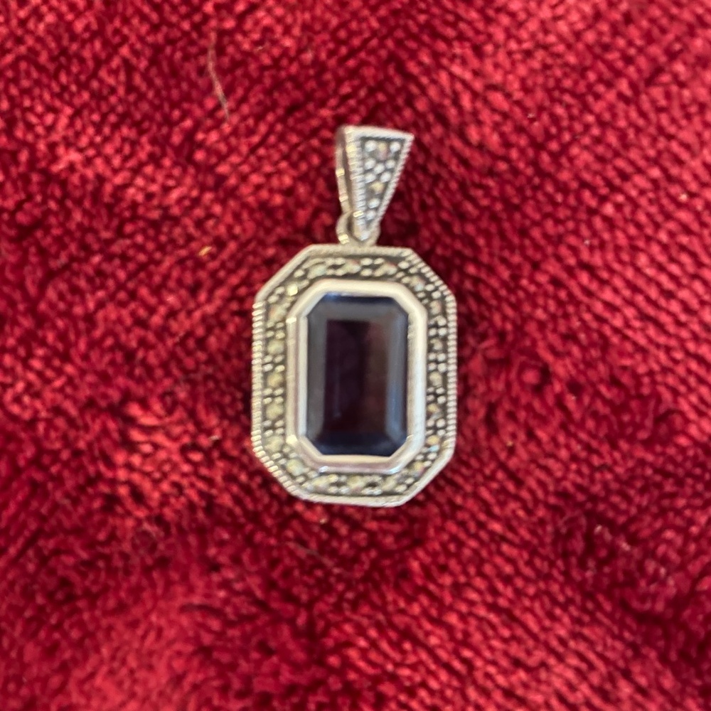 Art Deco Blue Glass Marcasite Pendant - 925